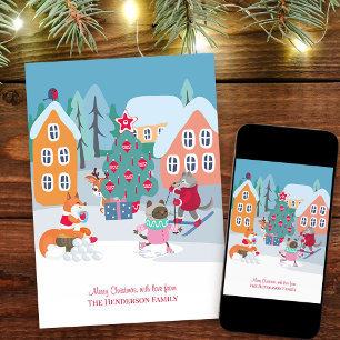 Cartes Pour Fêtes Annuelles Place du village de Noël avec des animaux des bois