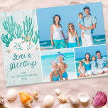 Cartes Pour Fêtes Annuelles Plage côtière SEAS & GREETINGS Parties scintillant<br><div class="desc">Carte de collage de vacances de Noël côtière, de plage ou tropicale avec 3 images représentant les salutations SEAS ET GREETINGS dans la typographie de script de calligraphie moderne en turquoise, aqua et turquoise aquarelle avec corail, étoiles de mer et dollars de sable accentué avec la fausse parties scintillant. ASSISTANCE...</div>