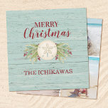 Cartes Pour Fêtes Annuelles Plage de Noël côtière<br><div class="desc">Une carte de Noël carré à thème de la plage de Noël rustique de la côte avec les mots joyeux Noël sur le devant et la chambre pour 3 photos sur le dos. La Carte de Vacances est décorée avec un joli dollar de sable et le feuillage de Noël. Personnalisez-le...</div>
