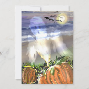 Cartes Pour Fêtes Annuelles Plage hantée avec un fantôme et des citrouilles