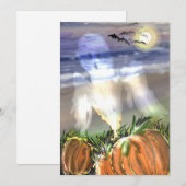 Cartes Pour Fêtes Annuelles Plage hantée avec un fantôme et des citrouilles (Devant / Derrière)