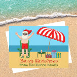 Cartes Pour Fêtes Annuelles Plage Santa Claus Cute Custom Sunny Christmas<br><div class="desc">Cette jolie carte de Noël ensoleillée personnalisée fait la carte postale parfaite pour les temps chauds à la piscine ou à la plage. Faites-en une extravagance amusante sur le thème du pôle nord avec le Père Noël dans ses maillots de bain à côté d'un parapluie de plage rayé rouge et...</div>