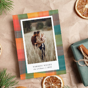 Cartes Pour Fêtes Annuelles Plaid Aquarelle Photo Vert Orange 2