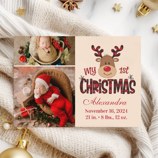 Cartes Pour Fêtes Annuelles Plaid Reindeer Baby First Christmas 2 Photo