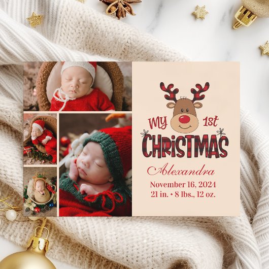 Cartes Pour Fêtes Annuelles Plaid Reindeer Baby First Christmas 4 Photo