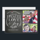 Cartes Pour Fêtes Annuelles Plaisir de paix moderne Joie Chalkboard<br><div class="desc">Tableau Contemporain 3 photo Noël carte photo de vacances avec belle typographie lettrée à la main avec le dicton "souhaitant Paix Amour & Joie orné de fleurs de feuilles dessinées à la main.</div>