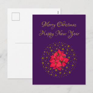Cartes Pour Fêtes Annuelles Plante de Poinsettia rouge sur fond violet étoilé