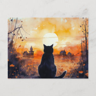Cartes Pour Fêtes Annuelles Pleine lune Chat Noir Feuilles Pays Halloween