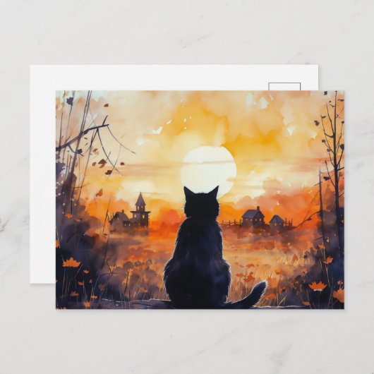 Cartes Pour Fêtes Annuelles Pleine lune Chat Noir Feuilles Pays Halloween (Devant / Derrière)