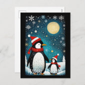 Cartes Pour Fêtes Annuelles Pleine lune hiver neige Père Noël Penguin Noël (Devant / Derrière)