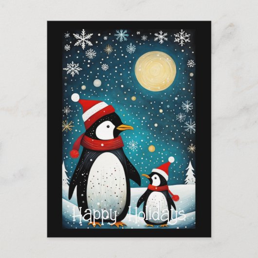 Cartes Pour Fêtes Annuelles Pleine lune hiver neige Père Noël Penguin Noël (Devant)