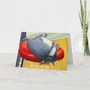 Cartes Pour Fêtes Annuelles Plump Tuxedo cat upside down Christmas edition