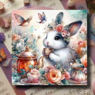 Cartes Pour Fêtes Annuelles Poche Aquarelle Lapin Floral Thé de Pâques