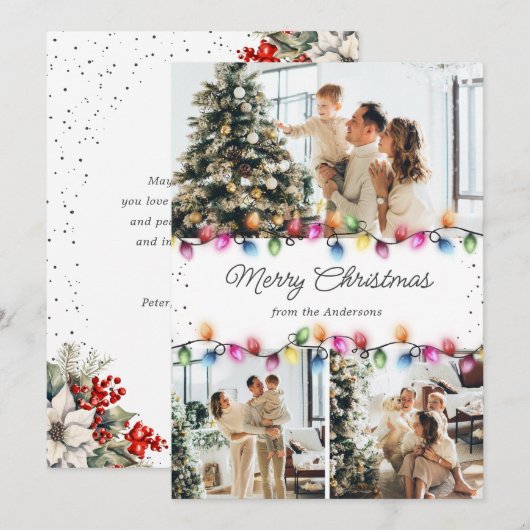 Cartes Pour Fêtes Annuelles Poinsettia Baies de Houx Lumières de Noël 3 Photo (Devant / Derrière)