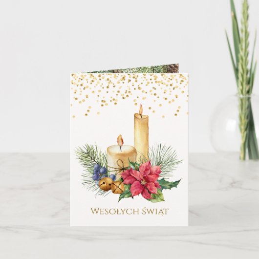Cartes Pour Fêtes Annuelles Poinsettia, bougies, pin, cloches de Noël polonais (Devant)