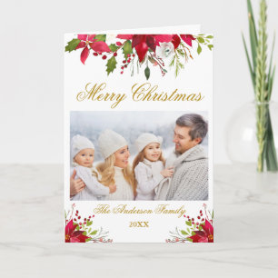 Cartes Pour Fêtes Annuelles Poinsettia Floral Photo Noël Plier Or