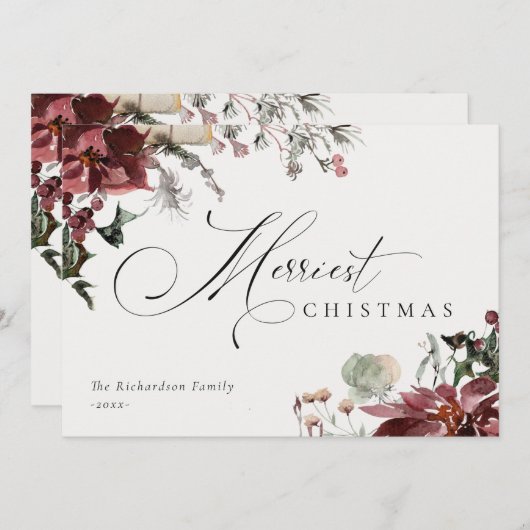 Cartes Pour Fêtes Annuelles Poinsettia Floral Rouge Foncé Noël Joyeux (Devant / Derrière)