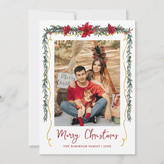 Cartes Pour Fêtes Annuelles Poinsettia Verdure Or Joyeux Noël 1 Photo (Devant)