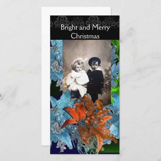 CARTES POUR FÊTES ANNUELLES POINSETTIAS BLEU ROUGE, ÉTOILES DE NOËL EN ÉCLAIRA (Devant / Derrière)