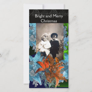 CARTES POUR FÊTES ANNUELLES POINSETTIAS BLEU ROUGE, ÉTOILES DE NOËL EN ÉCLAIRA