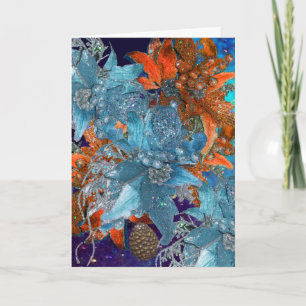 CARTES POUR FÊTES ANNUELLES POINSETTIAS BLEU ROUGE, ÉTOILES DE NOËL EN ÉCLAIRA