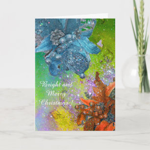 CARTES POUR FÊTES ANNUELLES POINSETTIAS BLEU ROUGE, ÉTOILES XMAS EN ÉPARKLES V