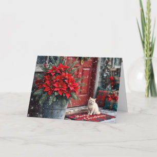 Cartes Pour Fêtes Annuelles Poinsettias de Noël et chat blanc sur natte
