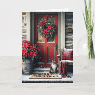Cartes Pour Fêtes Annuelles Poinsettias de Noël et chat tigré sur paillasson