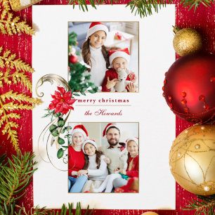 Cartes Pour Fêtes Annuelles Poinsettias élégant et manuscrits or 2 photos