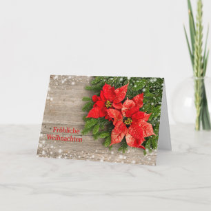Cartes Pour Fêtes Annuelles Poinsettias rouges sur Noël allemand en bois