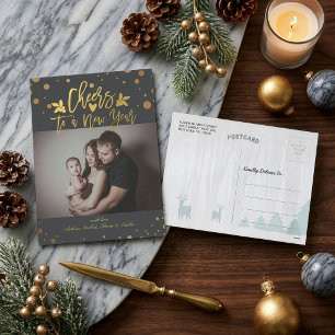 Cartes Pour Fêtes Annuelles Points dorés Bonne année Script Photo de vacances