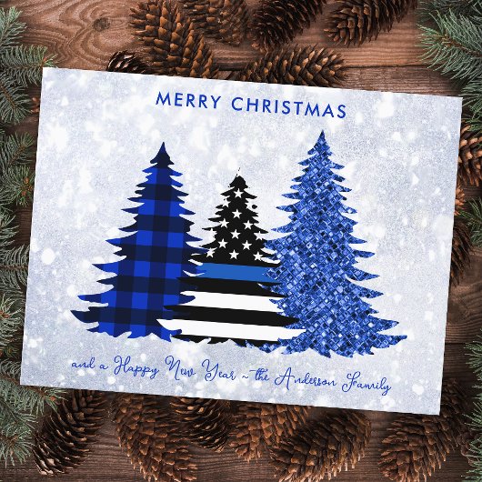 Cartes Pour Fêtes Annuelles Police Noël bleu Plaid Parties scintillant Arbre F