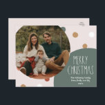 Cartes Pour Fêtes Annuelles Polka Boho vert point Noël une photo<br><div class="desc">Cette carte postale de vacances en boho vert point Noël une photo est parfaite pour votre accueil de vacances en bohème moderne inspiré de la ferme. La police de caractères rustique classique mais délicate dessinée à la main lui donne un aspect terreux vintage tout en le gardant mignon et simple....</div>