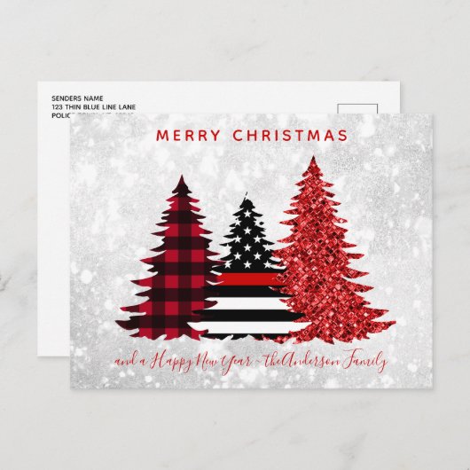 Cartes Pour Fêtes Annuelles Pompier Noël Red Line Plaid Parties scintillant Ar (Devant / Derrière)