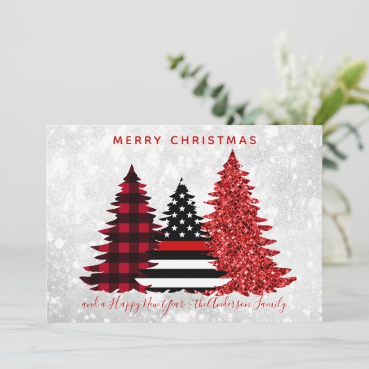 Cartes Pour Fêtes Annuelles Pompier Noël Red Line Plaid Parties scintillant Ar (Debout devant)
