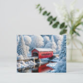 Cartes Pour Fêtes Annuelles Pont Rouge De Noël En Forêt D'Hiver (Debout devant)