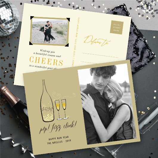 Cartes Pour Fêtes Annuelles Pop Fizz Clink Style Champagne Or Chic Photo