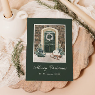 Cartes Pour Fêtes Annuelles Porte de Noël enneigée Vert foncé