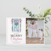 Cartes Pour Fêtes Annuelles Porte rose moderne Joyeux Noël Photo (Debout devant)