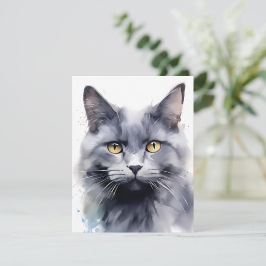 Cartes Pour Fêtes Annuelles Portrait de chat gris aquarelle (Debout devant)