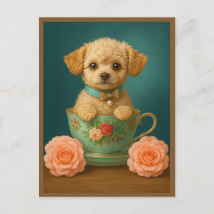 Cartes Pour Fêtes Annuelles Portrait de chiot Caniche nain moderne aux roses A