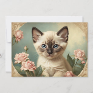 Cartes Pour Fêtes Annuelles Portrait de joli chaton siamois vintage Fleurs Dou