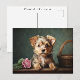 Cartes Pour Fêtes Annuelles Portrait de Yorkshire Terrier Vintage Chiot Rose