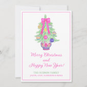 Cartes Pour Fêtes Annuelles Pot à gingembre à ruban rose vif aquarelle arbre d (Devant)