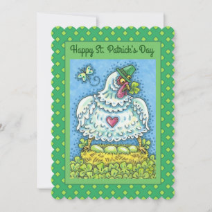 CARTES POUR FÊTES ANNUELLES POULE IRLANDAISE DRÔLE, ŒUFS VERTS ET TRÈFLES À 3