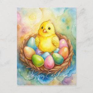 Cartes Pour Fêtes Annuelles Poulet de Pâques dans un nid avec oeufs Illustrati