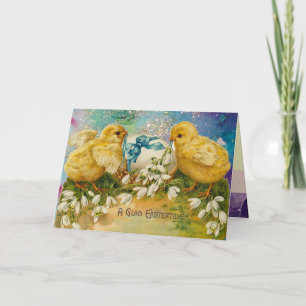 CARTES POUR FÊTES ANNUELLES POULET, FLEURS, OEUF DE PÂQUES EN PARKLES BLEUS D'