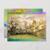 CARTES POUR FÊTES ANNUELLES POULET PULLING OEUF DE PÂQUES AVEC PANIER À MAIN (Devant / Derrière)