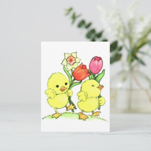 Cartes Pour Fêtes Annuelles Poussins de Pâques Avec Fleurs (Debout devant)