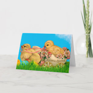 Cartes Pour Fêtes Annuelles Poussins de Pâques vintages avec Ciel Bleu et Oeuf